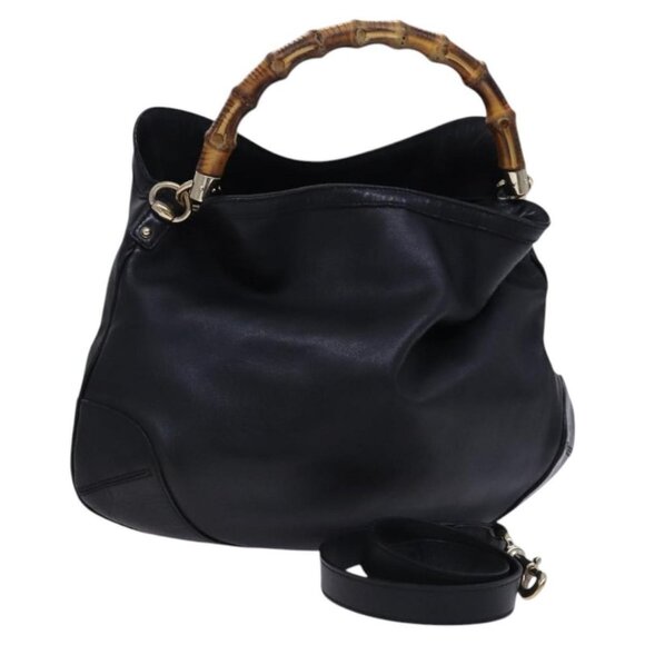 GUCCI Bamboo Hand Bag Leather 2way Black Gold 169961 Auth yk17660 - Picture 1 of 16